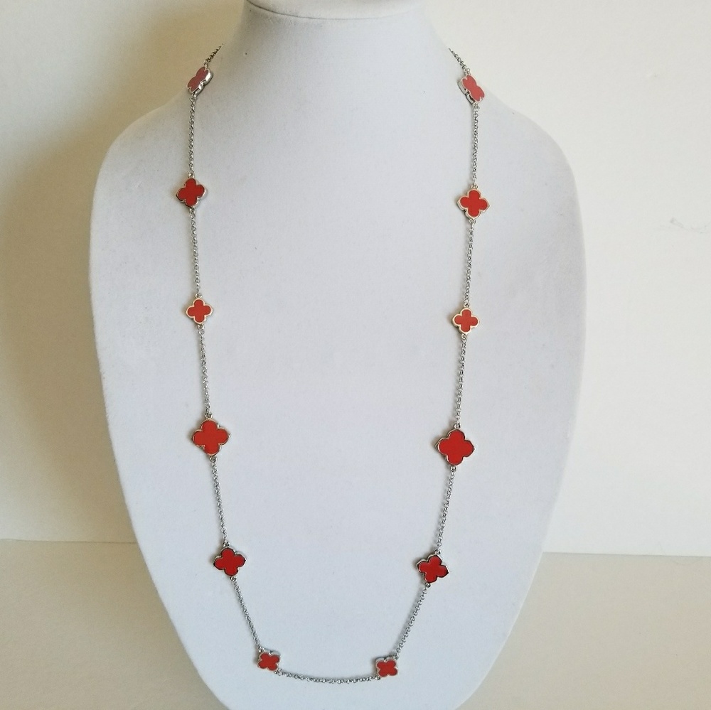 Clover necklaces,Red enamel Four Leaf clover.